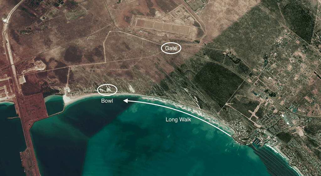Satellite image of Langebaan sand-dune, showing the gate, bowl and the long walk for non-members.
